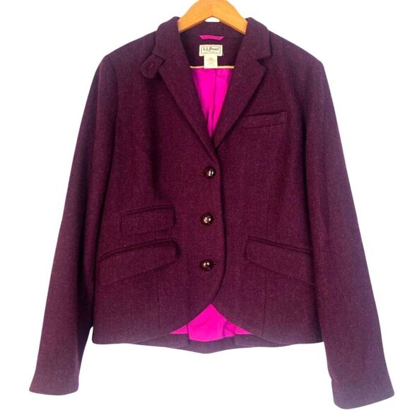 LL Bean Wool Blend Burgundy Tweed Button Front Blazer Career Jacket Size 10R - Picture 1 of 10